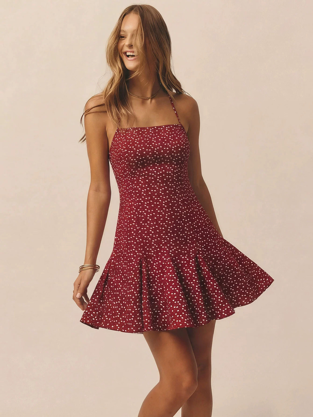 ZARA Summer Wine Red Polka Dot Floral Mini Dress Ruffle Hem Waist Tie
